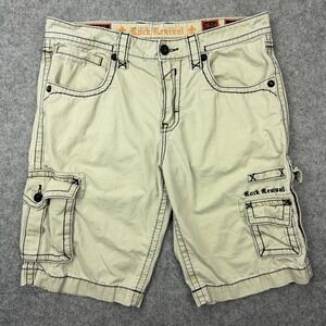 Rock Revival Shorts Mens 36 Tan Embroidered Contrast Stitch Y2K Cargo Cotton